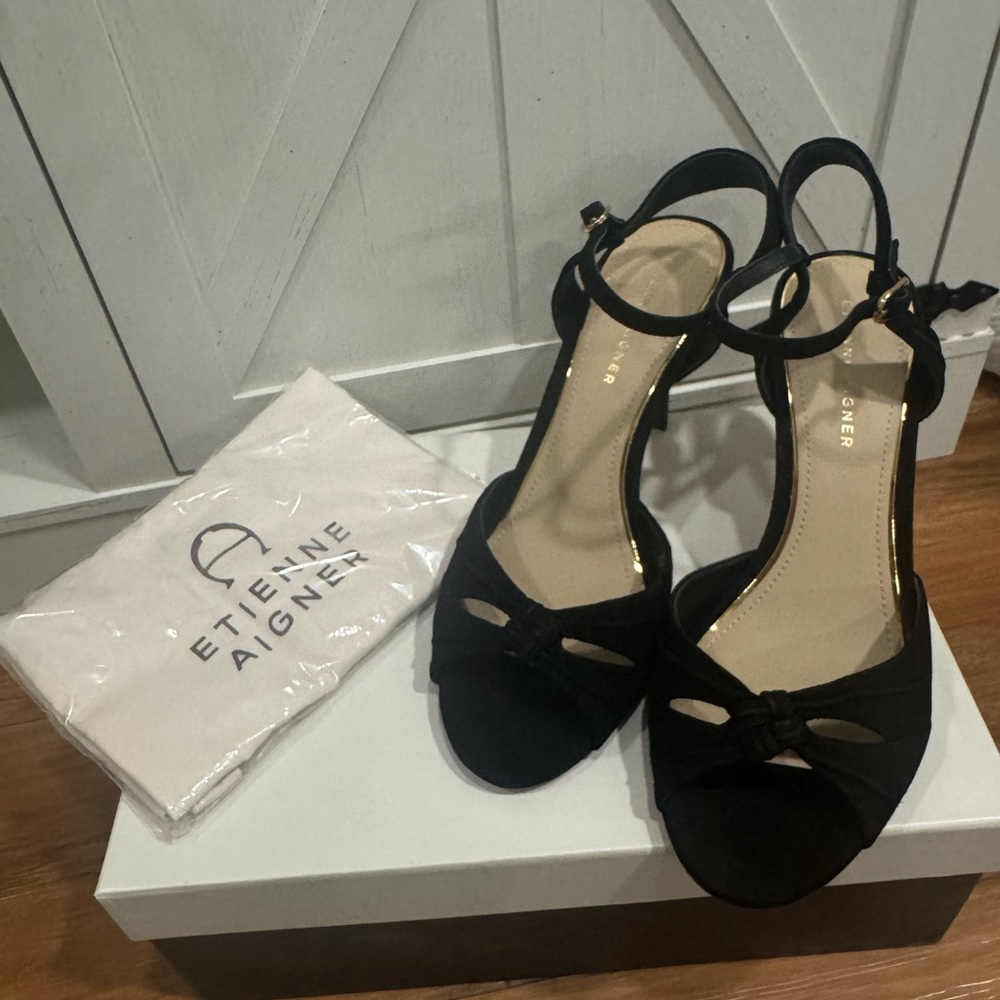 Etienne Aigner Womens Black Suede Stiletto Heel Ankle Strap Seneca Sandals 9